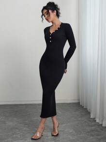 INAWLY Women's Elegant Minimalist Button Half-Placket Fitted Long Sleeve Sweater Dress Fall Winter Cloth For Women