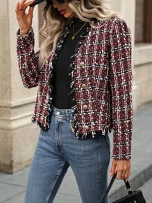 EMERY ROSE Women's Spring Autumn Plaid Patchwork Tasseled Metal Button Elegant Jacket - Burgundy - View 6