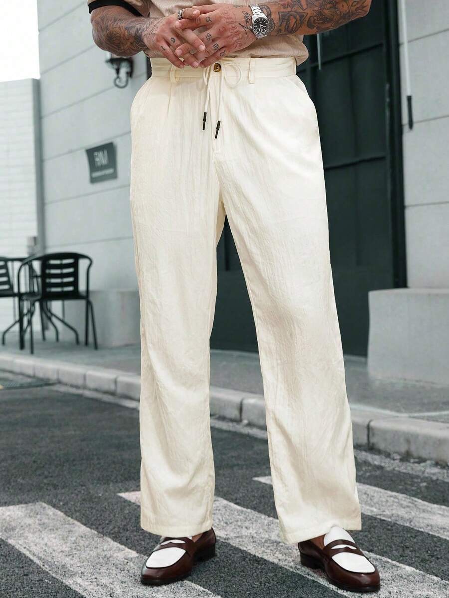 Manfinity Homme Quần ống rộng màu trơn đơn giản cho nam, quần ống rộng vải lanh cho nam, quần ống đứng thường ngày cho nam, quần ống rộng nam, quần âu xếp ly thường ngày cho nam, quần vải lanh thường ngày của Anh, quần ống rộng nhẹ, thoáng khí, co giãn, cạp chun cho nam đi làm hàng ngày, quần ống loe - trắng - Xem 1