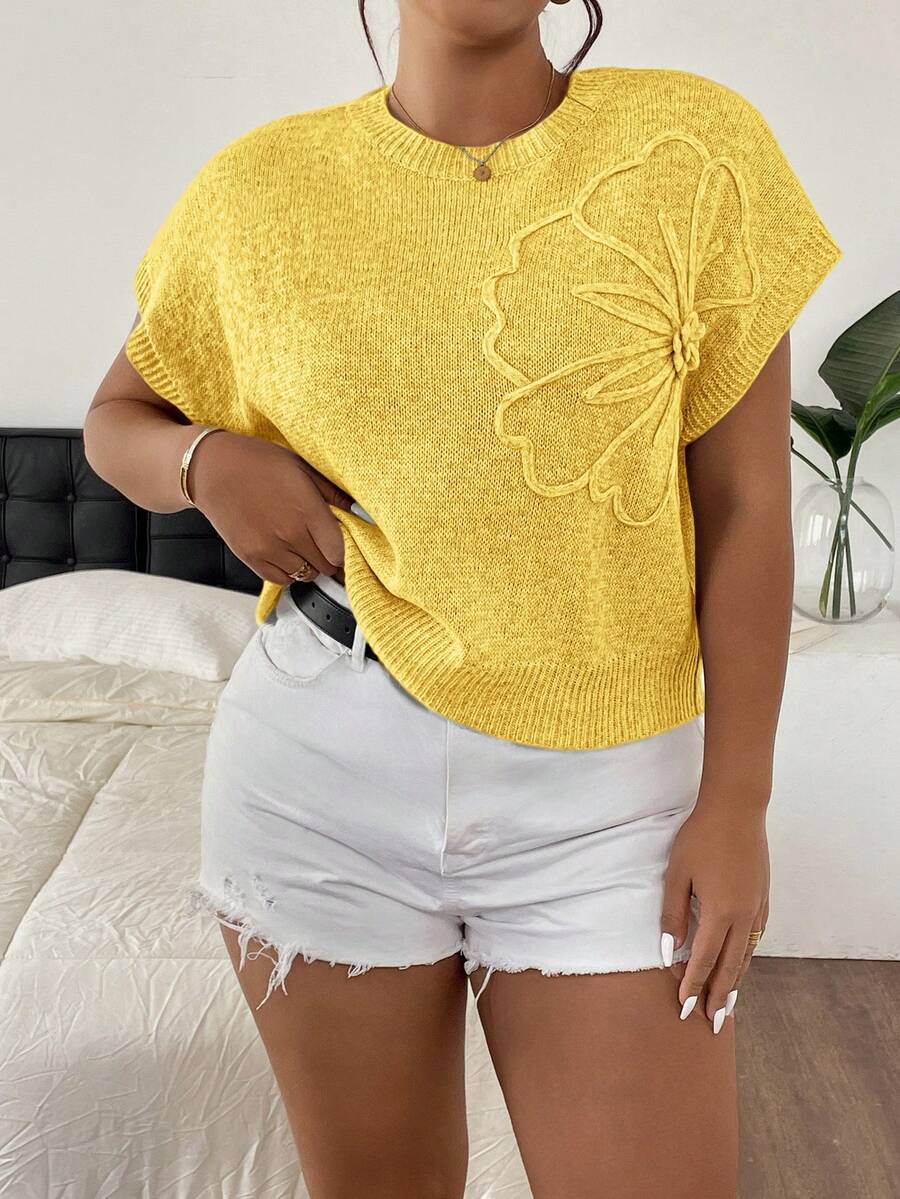 SHEIN Frenchy 大码休闲优雅3D花朵装饰圆领蝙蝠袖宽松针织毛衣 - 黃色 - 查看 1