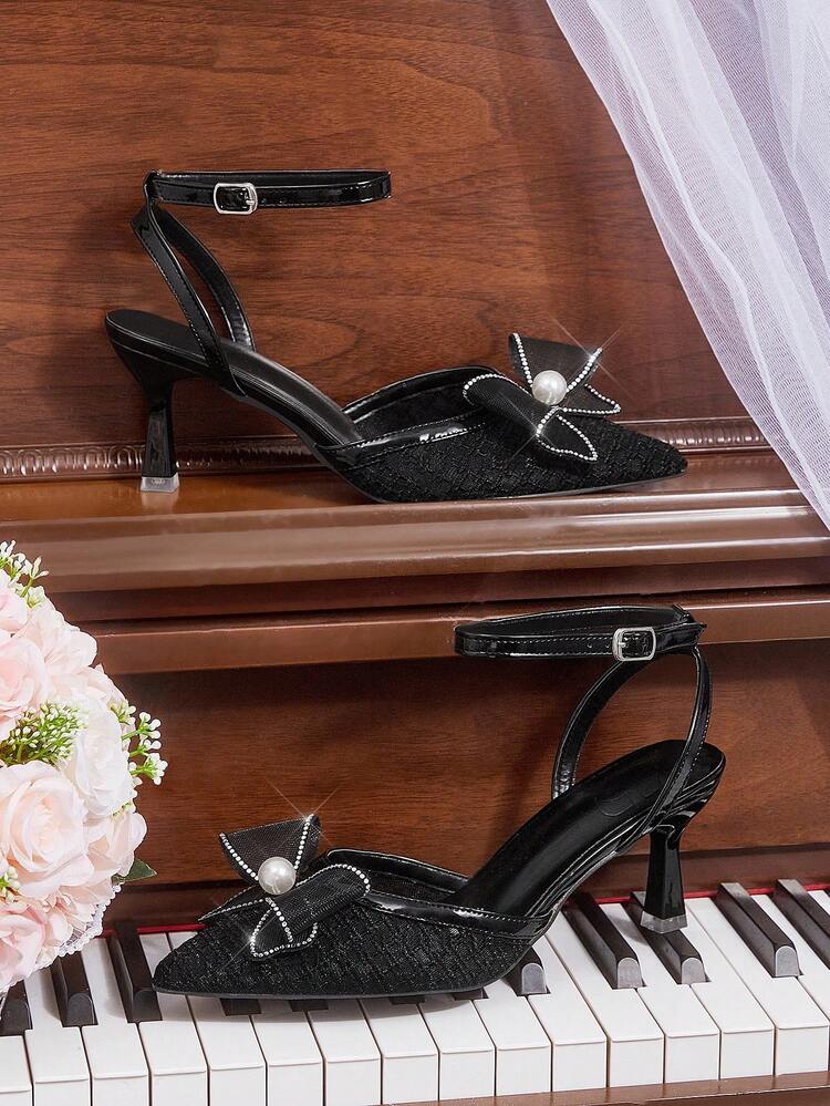 CUCCOO HITCHD Women's Elegant Pearl Mesh Rhinestone Bow Embroidered Lace Pointed Toe Stiletto Mid Heel Pumps, Suitable For Formal Occasions, Weddings, Parties, Christmas, Thanksgiving, Black Mesh High Heels