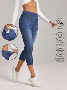 SHEIN Unity Women's Casual Washed Slim Fit 7/8 Length Jeans - Blue - View 1