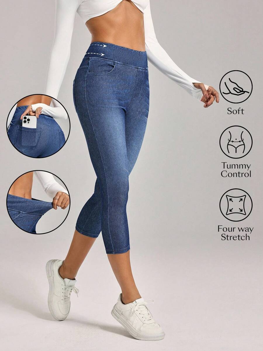 SHEIN Unity Women's Casual Washed Slim Fit 7/8 Length Jeans - Blue - View 1