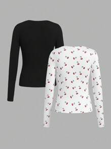 SHEIN EZwear 2 件女士休闲紧身圆领长袖 T 恤套装，适合秋冬季 - 彩色 - 查看 2