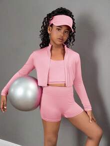 SHEIN Girlism Bộ 3 món áo thun dài tay cổ khóa kéo, áo vest và quần legging cho bé gái tuổi teen - Trang phục thể thao - Hồng - Xem 5