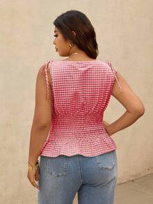 Elaquor Plus Size Women Plaid Waist Tie Ruffle Hem Tank Top - Red - View 2