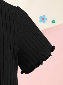 SHEIN 小女孩幼儿针织纯色圆领蝴蝶图案修身休闲连衣裙 - 黑色 - 查看 4