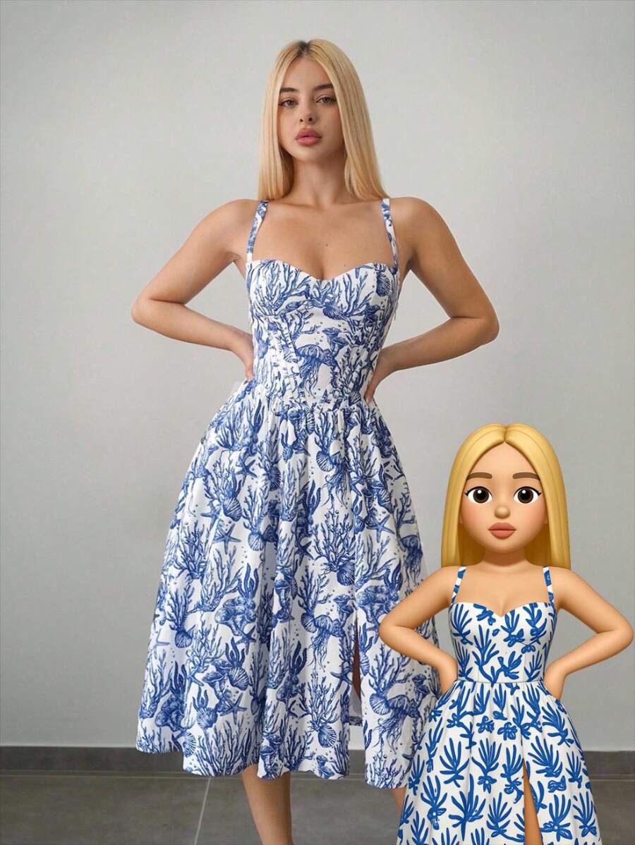 Sweetina 生日优雅花卉印花束腰太阳裙度假休闲全印花侧开衩吊带连衣裙 - 彩色 - 查看 1