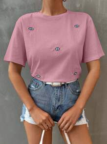 EURMUSE Áo thun cổ tròn nữ 100% cotton thêu hình mắt - Màu Hồng baby - Xem 4