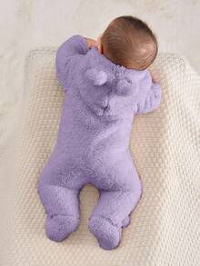 SHEIN Baju Terusan Bayi Perempuan Baru Lahir Berkerudung dan Berkaki Bahan Fleece untuk Musim Gugur dan Musim Dingin - Mauve Purple - View 2