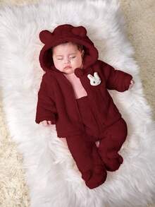 SHEIN Newborn Baby Girl Cute Pink Fluffy Cartoon Pattern Hooded Jacket And Elastic Waist Pants Set, Autumn/Winter Fall - Burgundy - View 3