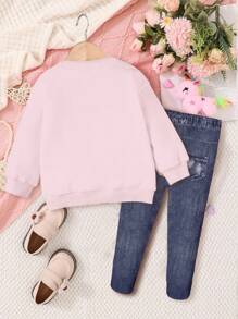 SHEIN 2 件粉色豹纹少女休闲圆领长袖运动衫和紧身裤套装，适合秋冬季