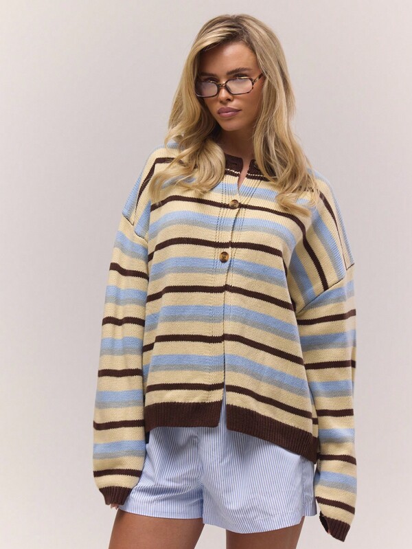 MUSERA Oversized Button Through Drop Shoulder Knitted Stripe Jumper Fall, Autumn, Old Money, Cute, Country, Cottage Core, Casual Lounge Cardigan For Women Butterscotch Christmas Work Office Winter Elegant Evening Party