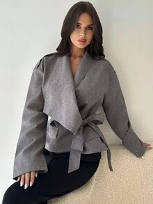Firerie 女士休闲优雅收腰秋冬灰色仿亚麻外套/秋季/返校/商务休闲/外出上衣 - 深灰色 - 查看 3
