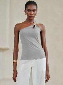 Arave Women's Summer Sleeveless Gray Hollow Metal Button 3D Flower Decoration One Shoulder Tank Top Resort Wear For Women, Vacation Tops, Gold Buttons, Sexy Tops Vacation Outfits Woman Off The Shoulder Top Party Dresses For Women