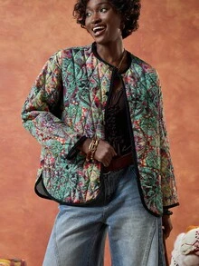 Bóhologie Women's Casual Cashew Pattern Long Sleeve Single-Breasted Quilted Jacket Womens Jacket Paisley Jacket Floral Jacket Lightweight Quilted Jacket - Multicolor - View 1