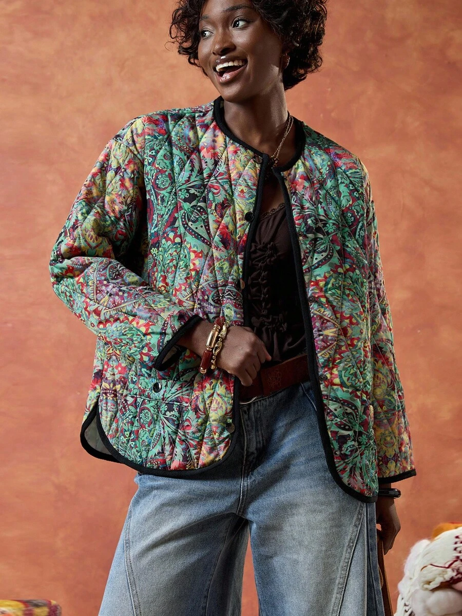 Bóhologie Women's Casual Cashew Pattern Long Sleeve Single-Breasted Quilted Jacket Womens Jacket Paisley Jacket Floral Jacket Lightweight Quilted Jacket - Multicolor - View 1