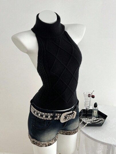 Elamini Damska seksowna kamizelka z odkrytymi plecami i dzianinowym dekoltem typu halter