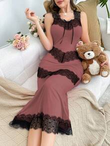 SHEIN Váy ngủ nữ ren chắp vá viền đuôi cá ôm sát cơ thể - Bụi hồng - Xem 3