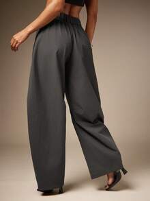 Hauture Basic Summer Casual Solid Charcoal Pleated Oversized Barrel Pants - Grey - View 5