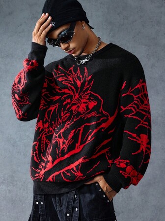 Street Life Men's Anime Character Jacquard Knit Loose Fit Long Sleeve Sweater , Fall Winter, Grunge Style