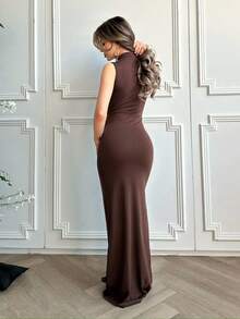 Jemour Women's Mock Neck Tie Front Dress, Sexy & Elegant - Brown - View 2