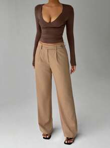Flirla 1pc Women's Casual, Daily, Commuting, Shopping Asymmetrical Waist Relaxed Fit Pants - Khaki - View 3