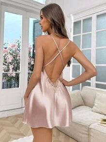 SilkySpell 女士蕾丝边仿丝性感露背交叉吊带睡袍 - 香檳色 - 查看 3