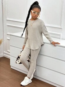 SHEIN Tween Girl Drop Shoulder Ribbed Knit Tee & Leggings Textured Fabric Two Pieces Fall Winter - Khaki - View 4