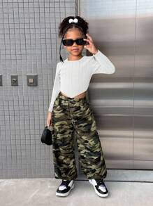SHEIN Young Girl Casual Knit Long Sleeve Top And Camouflage Long Pants Set Girls Camo Pants Girls Cargo Pants Girls Outfit Sets Crop Top Girls Outfit Set - White - View 6
