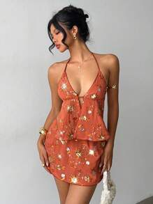 SHEIN PETITE 2pcs Women Orange Embroidered Beaded Floral Camisole Top And Skirt Set, Vintage, Vacay Vibes, Two-Piece Set, Streetwear, Skin Revealing, SequinDress, Romantic Dress, Retro Chic, Patchwork Skirt, PartyMustHave, Minimalist Style, Minimalism AU, Looks Of Party, Island Style, Girly AU, Concert Outfits, Clean Fit Style, Beachweekend, Ancient Florals, #Demure - Burnt Orange - View 3