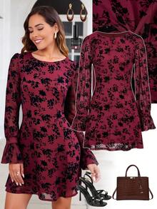 SHEIN Clasi Crew Neck Waist Cinched Flocked Dress, Halloween Dress - Red and Black - View 1