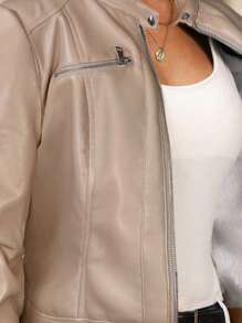 SHEIN Clasi 女士纯色PU皮革修身拉链夹克，带保暖内衬，适合秋冬季穿着 - 卡其色 - 查看 7