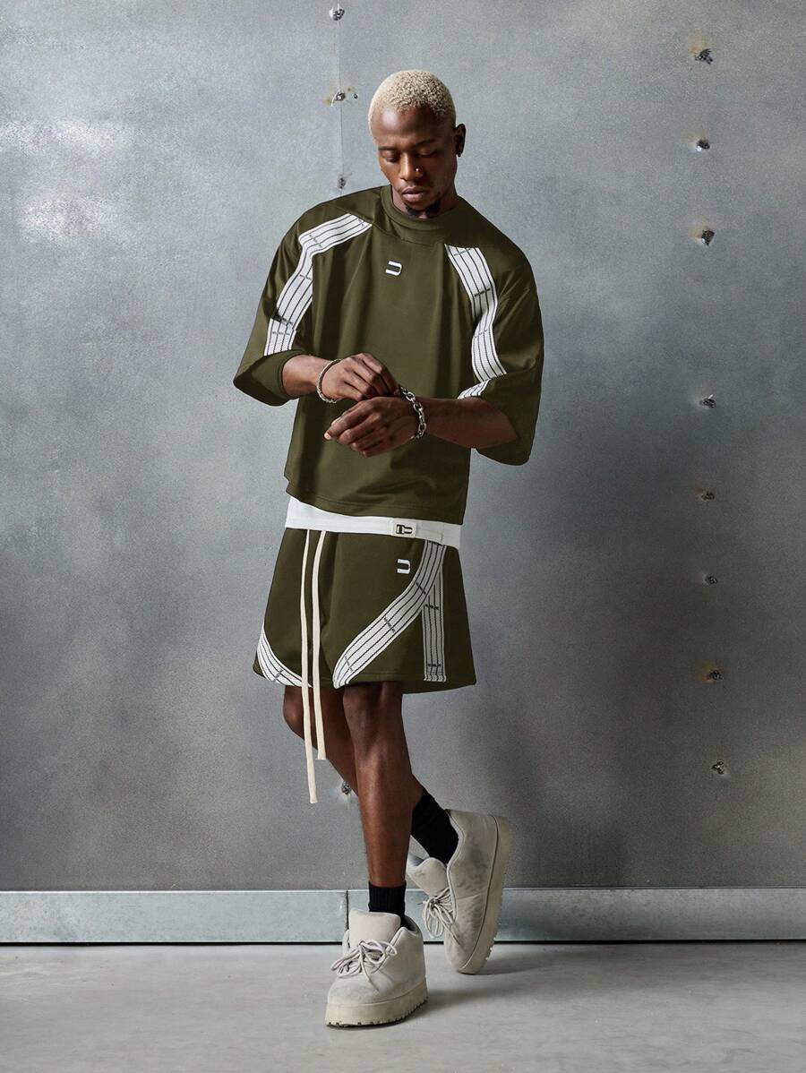 NEON BLANC 男士街头时尚针织长袖丝带刺绣圆领T恤，适合夏季 - 軍綠色 - 查看 1