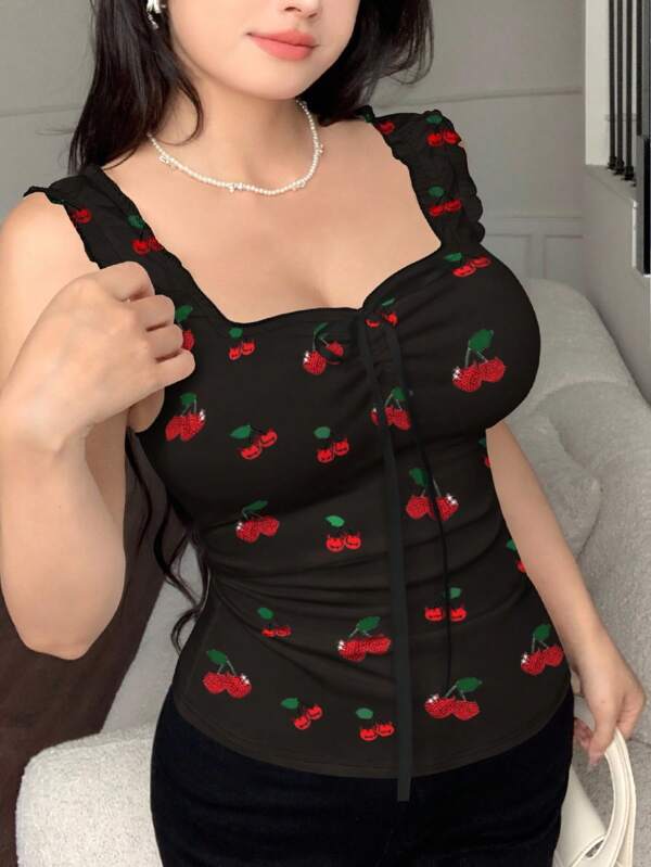 Modelyn Damen Kirschprint Figurbetontes Trägerhemd, geeignet für Urlaub, Pendeln und den täglichen Gebrauch