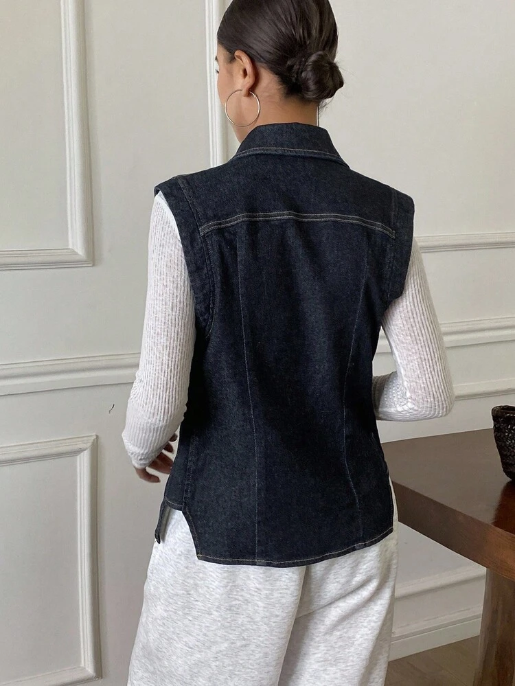Women's Lapel Sleeveless Denim Vest, Casual City Style Denim Top