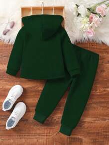 SHEIN 2pcs Young Girl Solid Color Hooded Long Sleeve Single-Breasted Casual Suit, Jacket And Pants Set Fall Winter - Dark Green - View 2