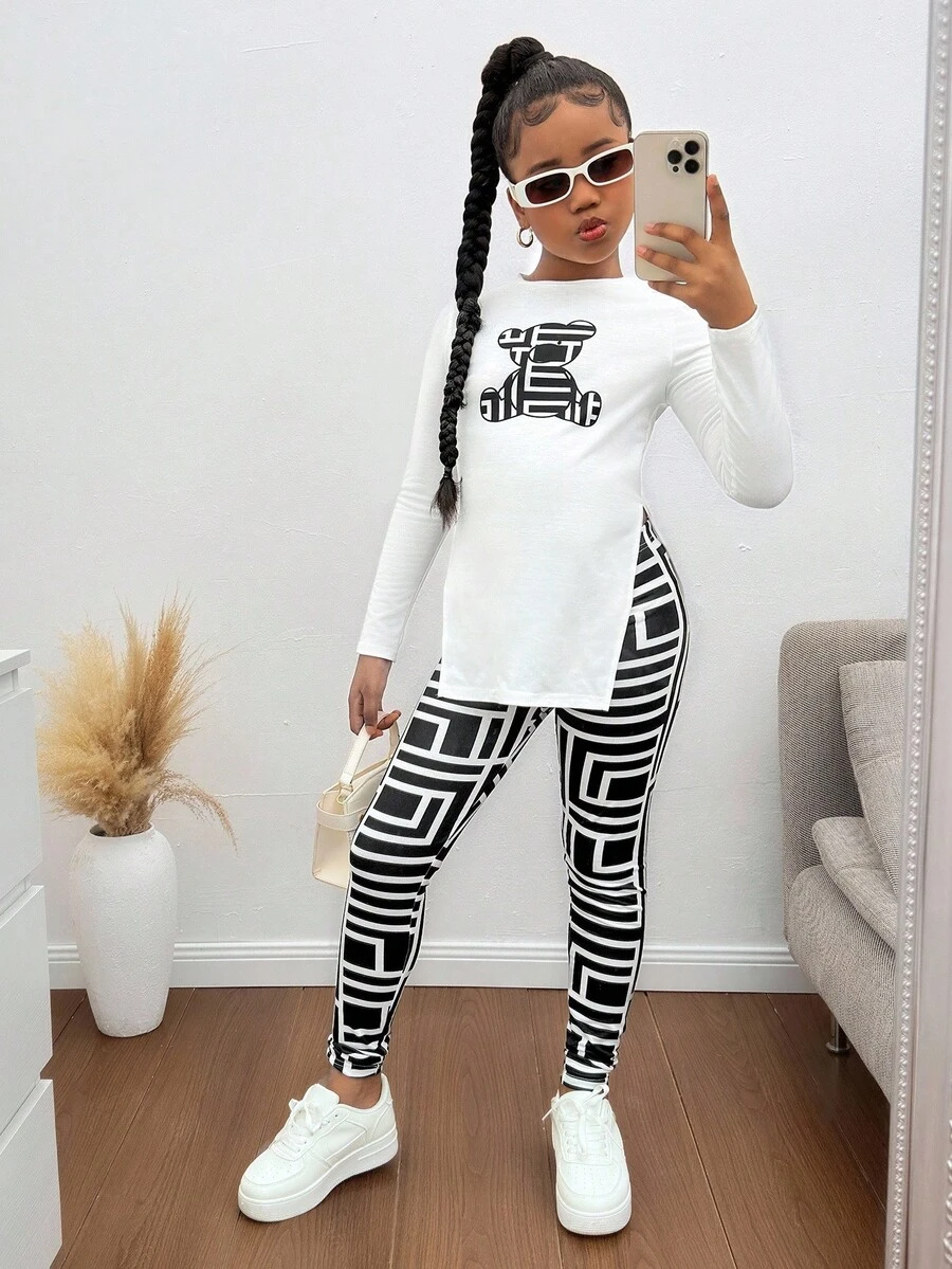 Bộ trang phục 2 món áo len dài tay in hình gấu cho bé gái tuổi mới lớn và quần legging họa tiết hình học - Đen và trắng - Xem 1