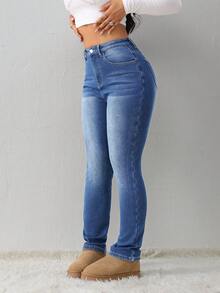 SHEIN Tall Quần Jeans Nữ Quần Jeans Nữ Màu Xanh Quần Jeans Nữ Mùa Đông Quần Jeans Nữ Ấm Áp Quần Jeans Nữ Cao Quần Jeans Mùa Đông Quần Denim Giữ Nhiệt Teddy Quần Denim Teddy Giữ Nhiệt Lông Cừu Mềm - Rửa nhẹ - Xem 6