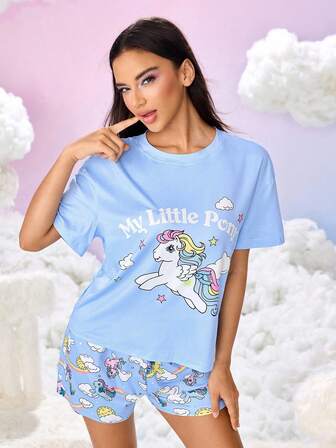 My Little Pony X SHEIN Letter & Cartoon Pattern Round Neck Short Sleeve Top And Shorts Lounge Set Blue Pj Set Women