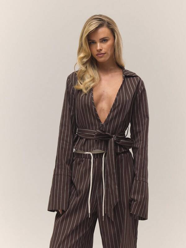 MUSERA Camicia a righe con scollo a V profondo, dettaglio con laccio in vita, abbottonatura frontale, stile autunnale, casual e da relax, adatta per il rientro a scuola, colore burro scuro, per donna
