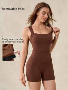 OutZeal Cool Touch Soft Full Underarm Square Neck Jumpsuit Removable Cups Low Impact Cycling Pilates Gym - Coffee Brown - View 3