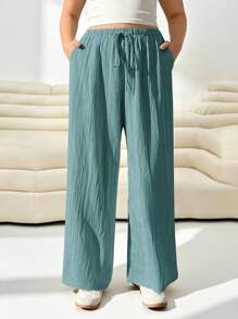 SHEIN EZwear Women's Plus Size Loose Woven Teal Blue Pants Wide Leg Pants For Women Women Wide Leg Pants Plus Size Wide Leg Pants Loose Pants For Women Flowy Pants