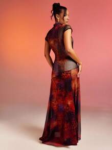 Hauture Abstract Floral Animal Print Lace Mesh Dress - Multicolor - View 4