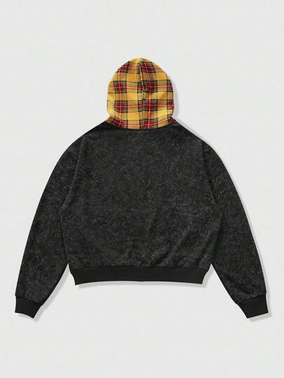 Street Life Sudadera con capucha con cremallera y parches de cuadros para hombre