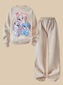 SHEIN 2 件套女童休闲可爱兔子图案连帽衫和裤子套装，秋冬 - 杏色 - 查看 5