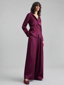 Ontre 现代都市风格，简约舒适，松紧腰带斜纹面料裤，日常/通勤/休闲装，商务休闲装，2025年新款，初秋 - 酒紅色 - 查看 2