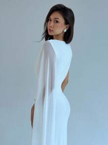 Aloruh 女式纯色拼布荷叶边优雅连衣裙 - 白色 - 查看 7