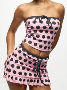 SUMWON WOMEN Strapless Polka Dot Co-Ord Set Summer Festival Ruffle Mini Skirt Two Piece Outfit Evening Party Vacation Retro Clubwear - Pink - View 1