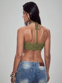 Denimoi Tie Front Cut Out Low Back Halter Top With Stone Necklace - Army Green - View 5